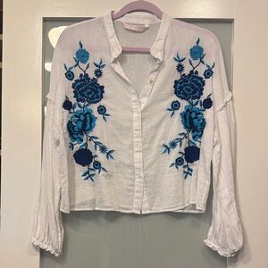 Zara White Button Down with Blue Embroidery S